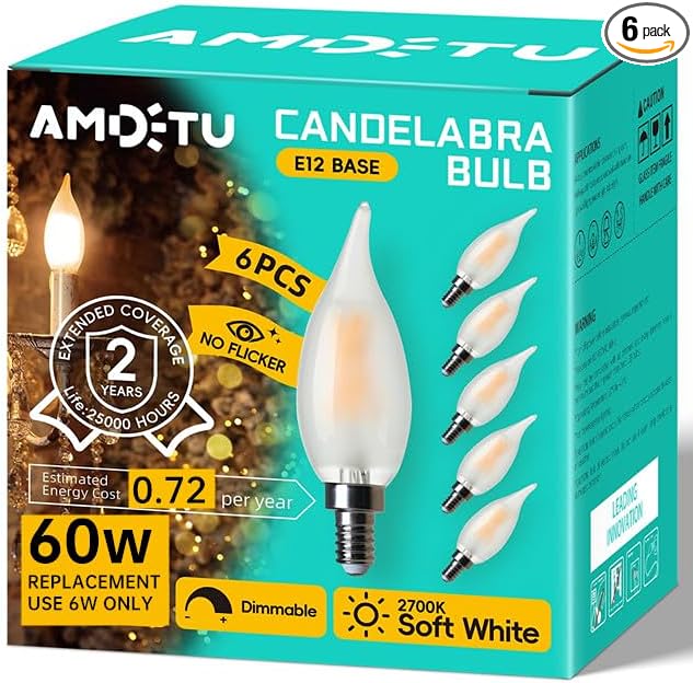 E12 60 Watt Equivalent Frosted LED Candelabra Bulb Candle CA10 Chandelier Light by EyeComfortFamilyBulbs