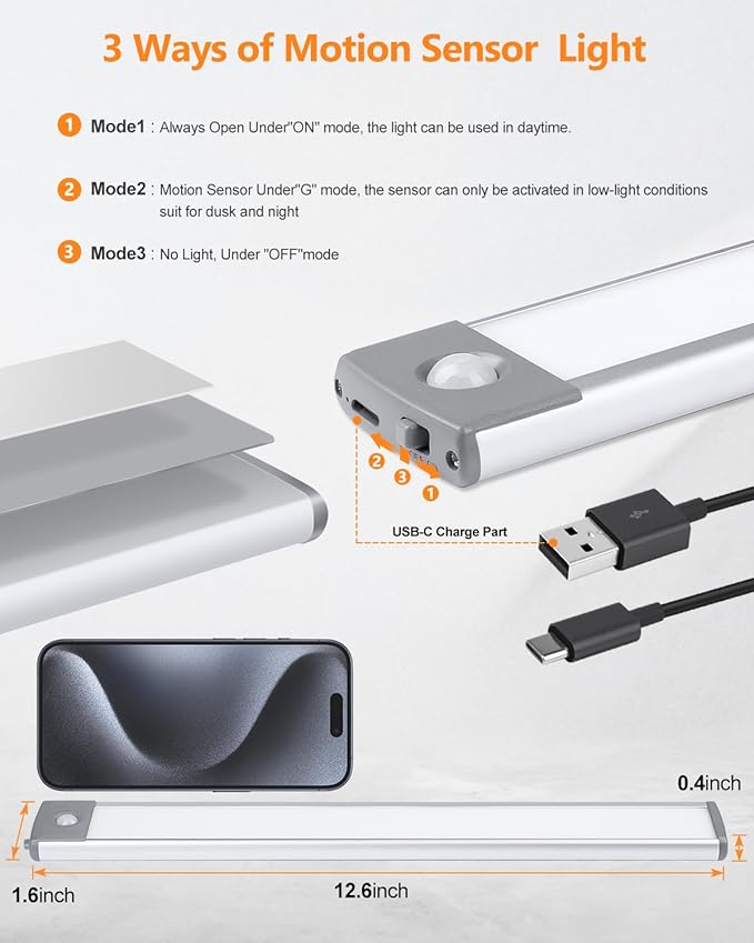 PRIORARE Under Cabinet Lighting 54 LED Motion Sensor Closet Light, 2500mAh - Image 4