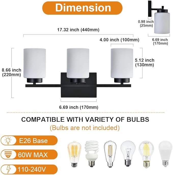VINLUZ Black Bathroom Vanity Light, 3-Light Modern Wall Sconce Lighting - Image 4