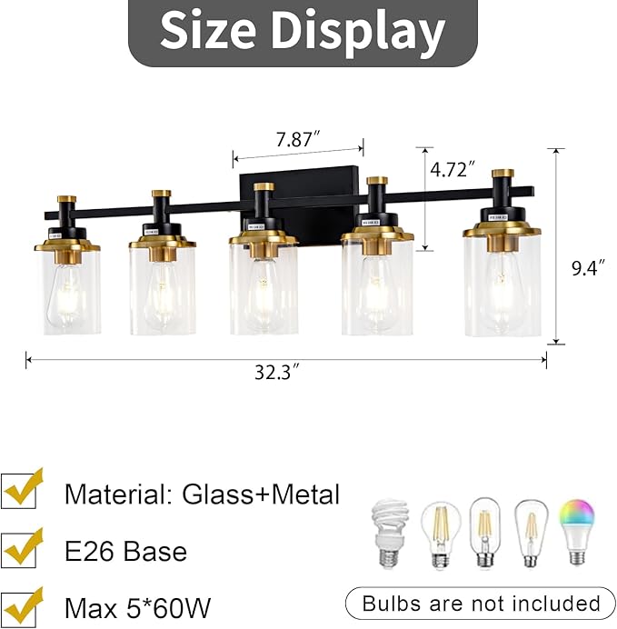 5-Lights Bathroom Light Fixtures, Brushed Gold Bathroom Light Fixtures - Image 5