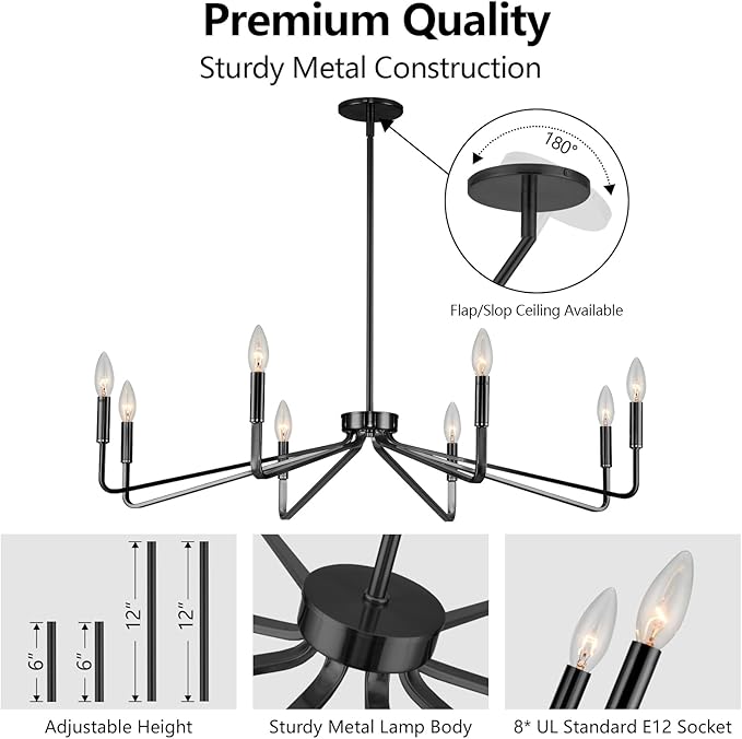 38" Black Chandeliers for Dining Room, 8-Light Modern Farmhouse Candle Style - Image 5