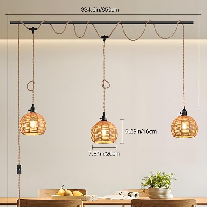 3-Light Hanging Light with Plug in Cord, Plug in Pendant Light 22ft Hemp Rope - Image 6