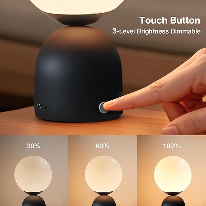 Cordless Globe Glass Table lamp Black, 5200-mAh Rechargeable Orb Lamp, 3-Level - Image 4