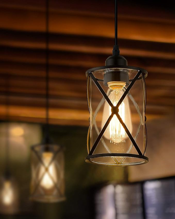 Glass Pendant Lights Kitchen Island 2 Pack, Farmhouse Industrial Cage Hanging - Image 2