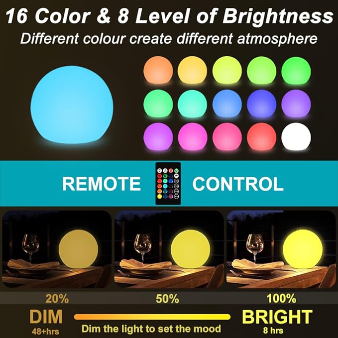 10-in Solar Globe Light, Solar Garden Ball Light Outdoor w/Remote, 16 RGB Color - Image 2