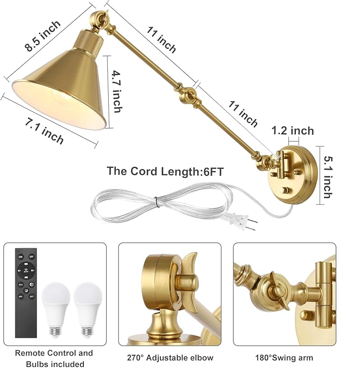 TRLIFE Wall Sconce with Remote Control, Brushed Brass Plug in Wall Sconces - Image 6