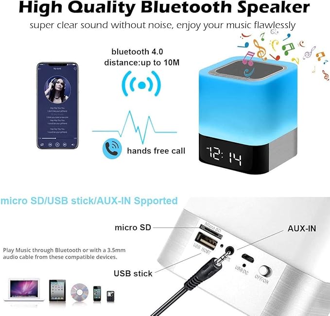 Night Lights Bluetooth Speaker, Alarm Clock Bluetooth Speakers Touch Sensor - Image 3