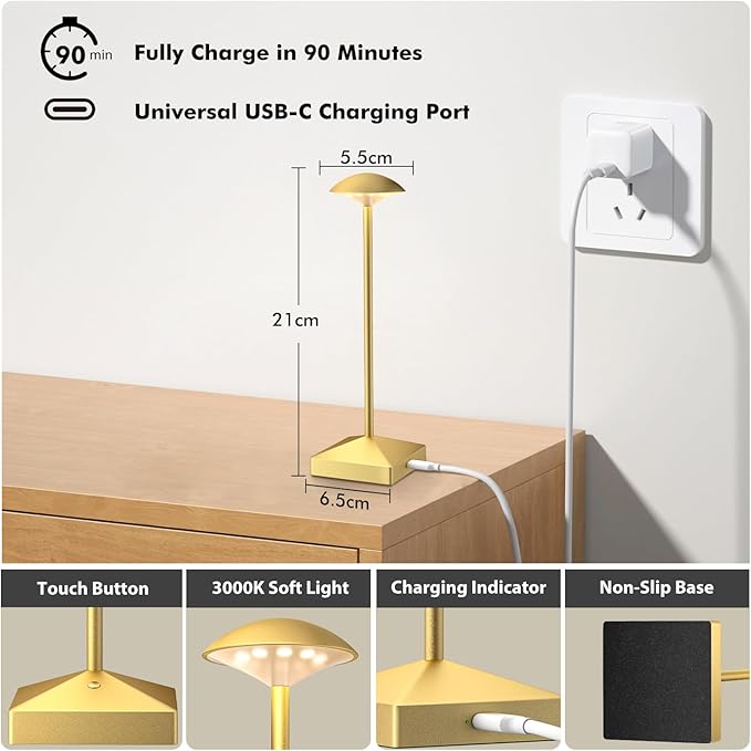 3 Pack 8.26in Gold Small Cordless Table Lamps Rechargeable, Battery Operated - Image 4