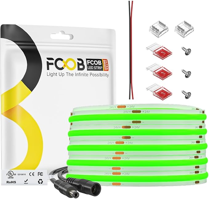 16.4FT COB LED Strip Light Green, 24V 8MM Width Flexible High Density Uniform by FCOB