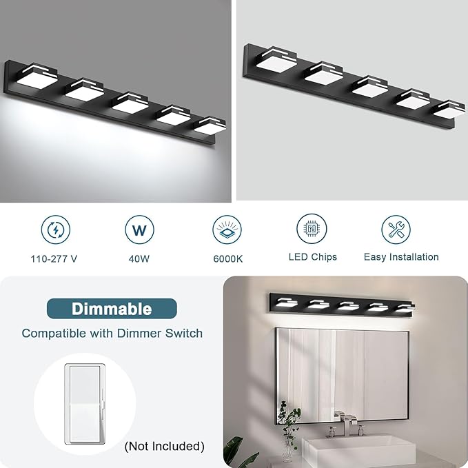 LED Modern Bathroom Vanity Light Fixtures, 5-Light 34-inch Dimmable Matte Black - Image 4