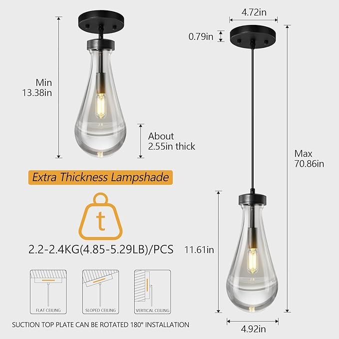 Raindrop Pendant Lights Kitchen Island Set of 3 Teardrop Black Hanging Light - Image 2