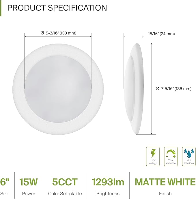 ASD 1 Pack LED Disk Lights 6 Inch, 15W 5CCT 2700K-5000K 1245LM CRI90+, Dimmable - Image 2