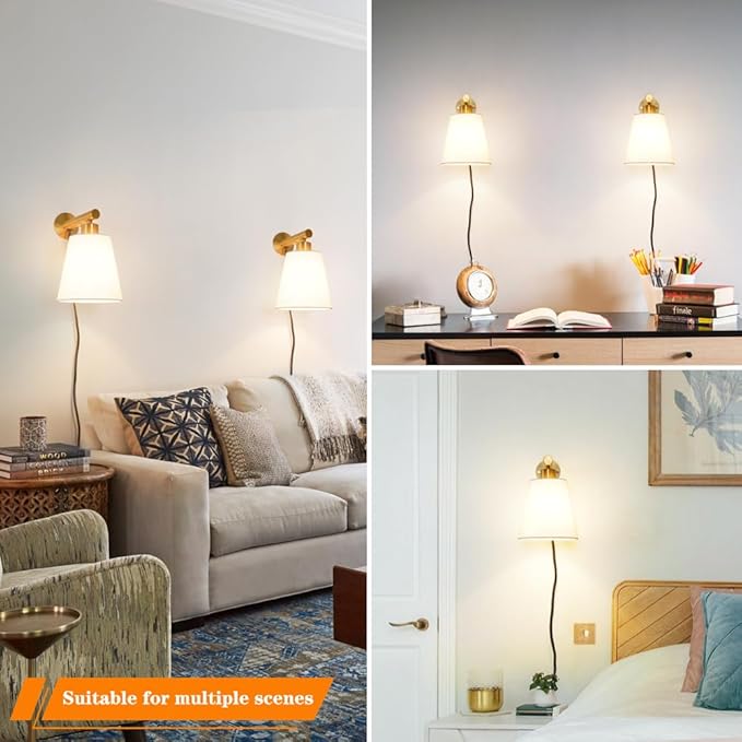 Gold Plug-in Wall Sconces Set of 2, Bedside Lamps - Image 3