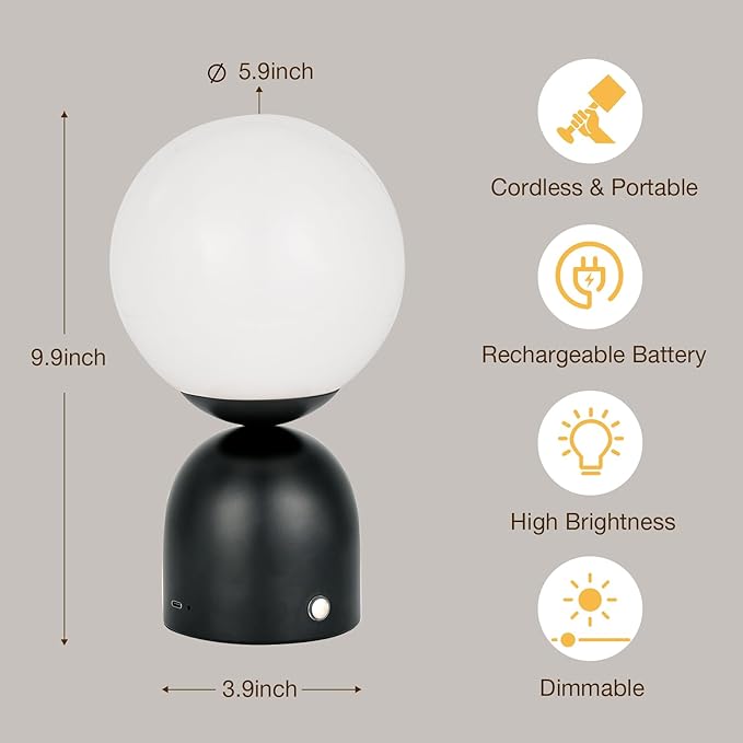 Cordless Globe Glass Table lamp Black, 5200-mAh Rechargeable Orb Lamp, 3-Level - Image 7