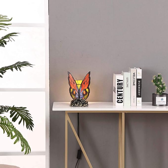 Bieye L10038 Butterfly Tiffany Style Stained Glass Accent Table Lamp Night Light - Image 6