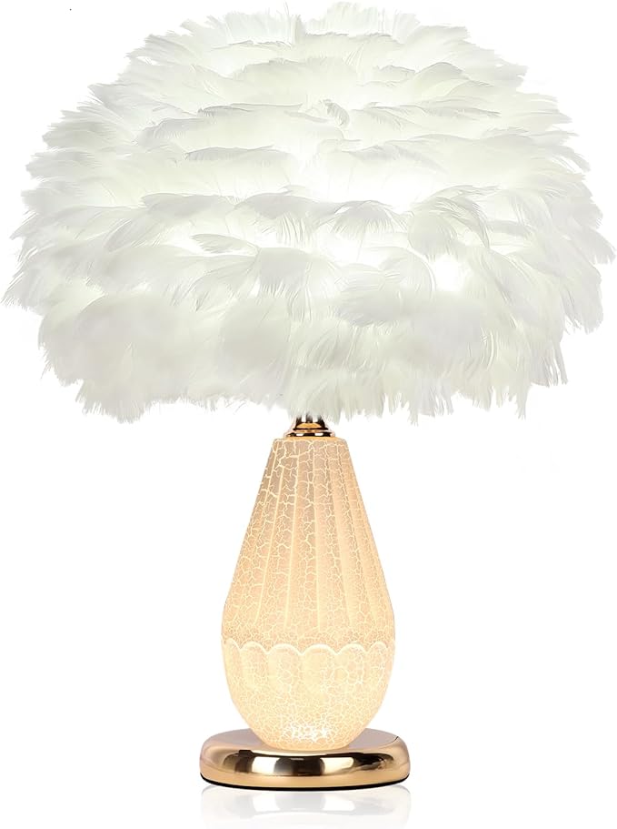 Feather Table Lamp with Cracked Ice Glass Bottle & Gold Base, 2 Separate Lights by LINCWONZ