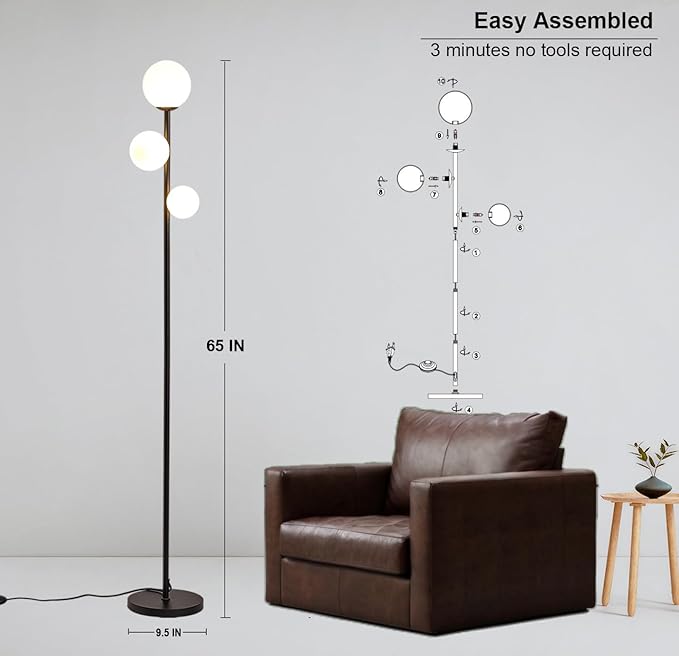 Fiqevs 3 Globe Mid Century Modern Floor Lamp, 3 x 800LM LED Bulbs Included - Image 4