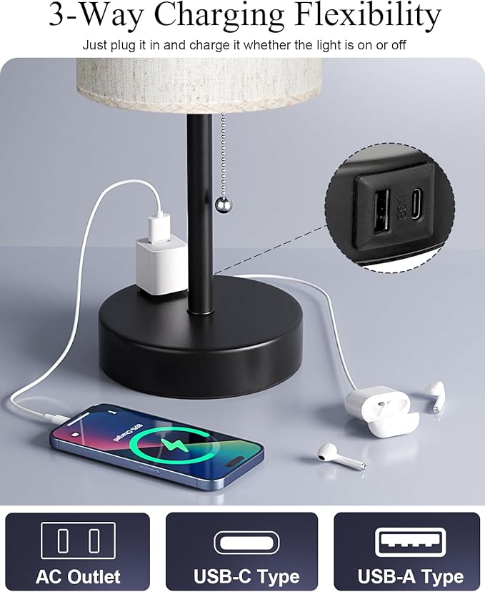 Fenmzee Plus Bedside Table Lamps Set of 2-3 Color Temperatures Pull Chain Lamp - Image 3
