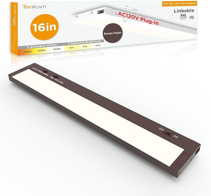 16 Inch Under Cabinet Lighting Plug in, 9W 120V 3 Color 3000K/4000K/5000K by Tonlesm