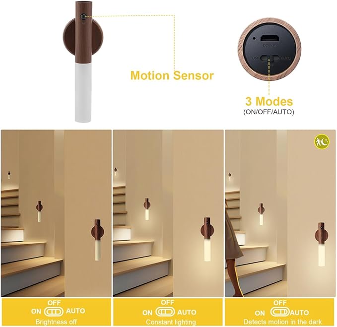 LANDGOO Wooden Motion Sensor Night Lights Magnet Body Sensor Hallway Night - Image 3