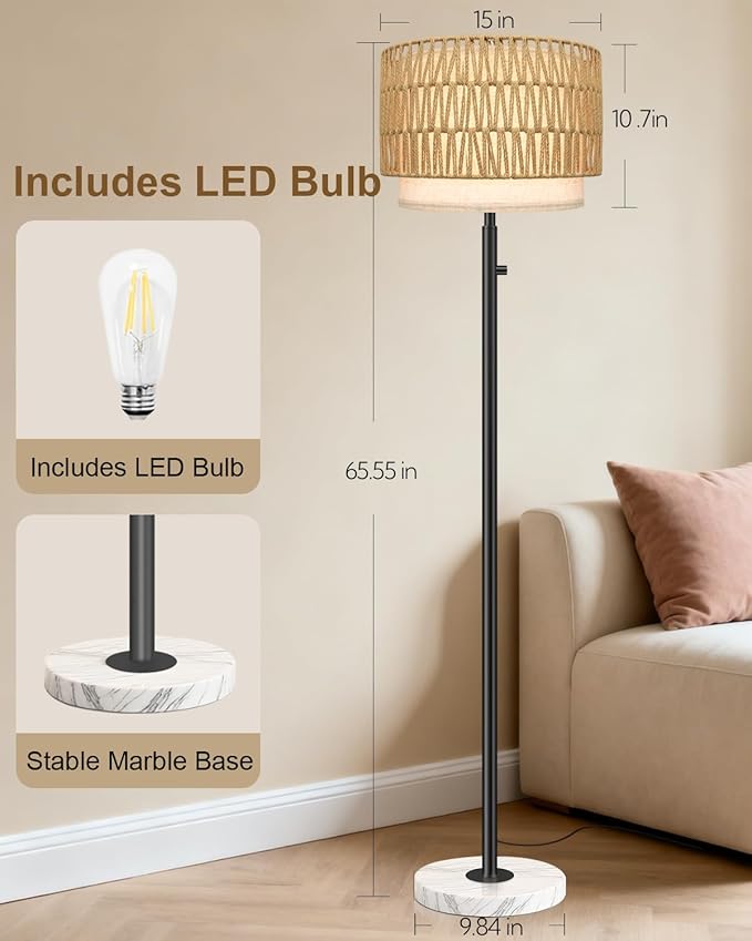 Rattan Floor Lamp, Floor Lamp for Bedroom, Modern Standing Lamp - Image 2