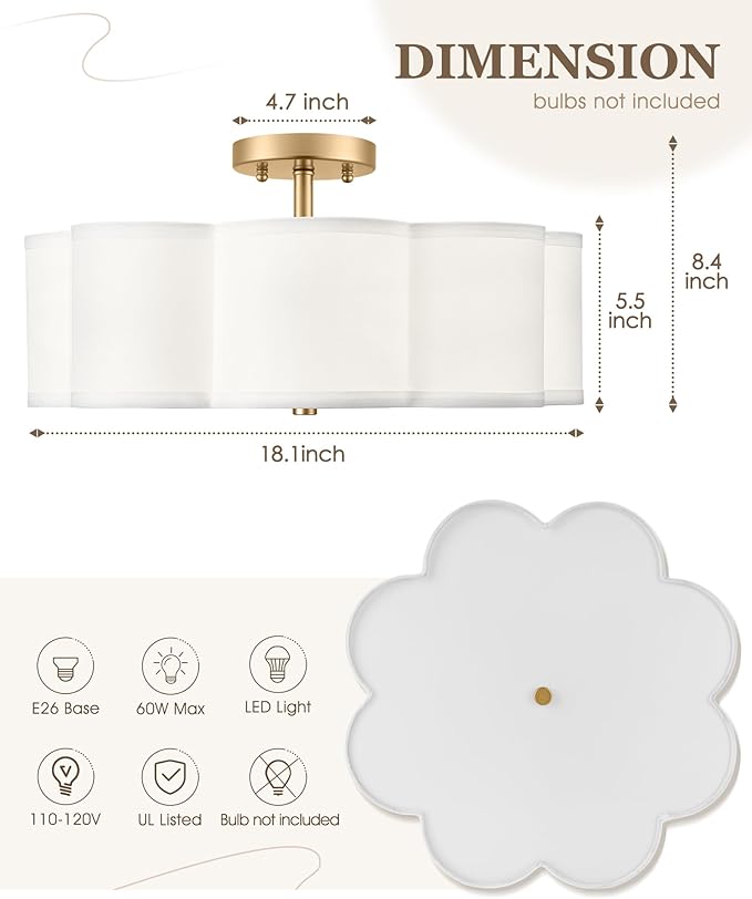 Gold Semi Flush Mount Ceiling Lights, 4-Light 18" Ceiling Light Fixtures - Image 2