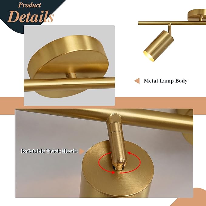 BOKT Mid Century Modern 2-Lights LED Track Lighting Kit 2 Ways Gold Flush Mount - Image 4