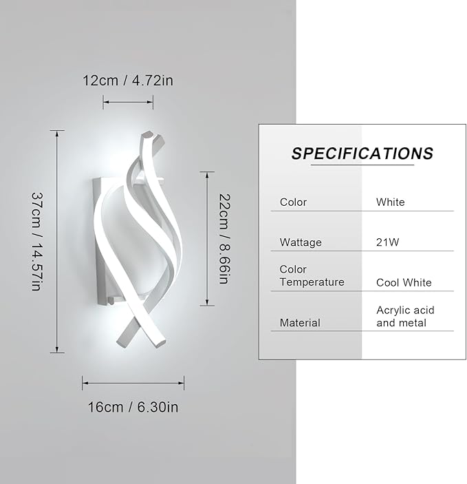 DELIPOP Wall Sconces, Spiral Modern LED Wall Sconce Lighting, 6500K Cool White - Image 3