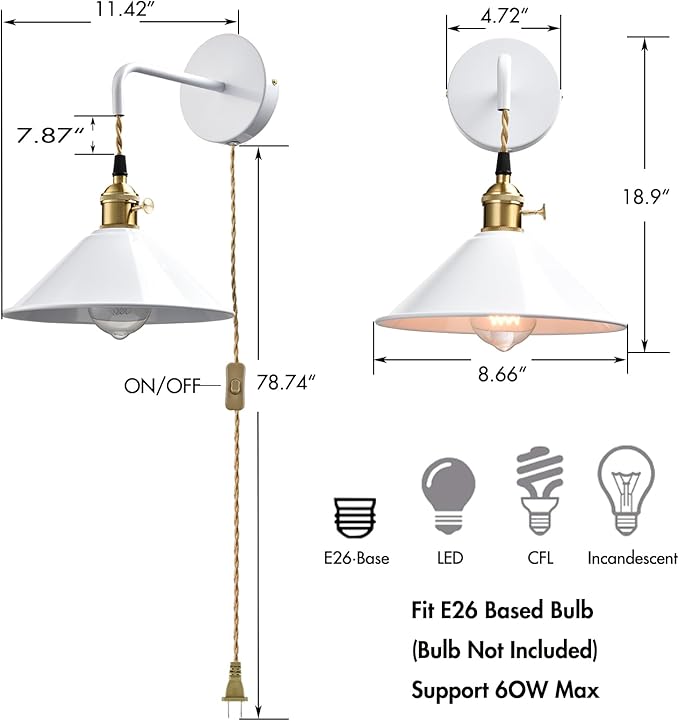 Plug-in Wall Lamp with Umbrella Shade, Bright White Wall Light Fixture Set of - Image 4