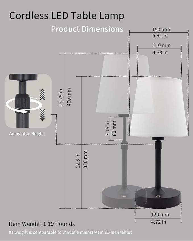 Cordless Table Lamp Rechargeable Touch Black Mini Small Lamp Adjustable Height - Image 5