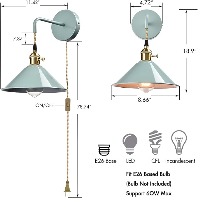 Sea Green Wall Sconce 2-Pack, Hanging Height-Adjustable Wall Lamp, - Image 4