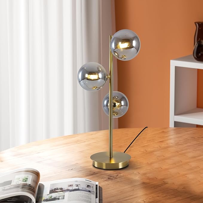 Mid Century Globe Table Lamp, Modern 3 Lights Gold Brass Desk Lamp, - Image 8