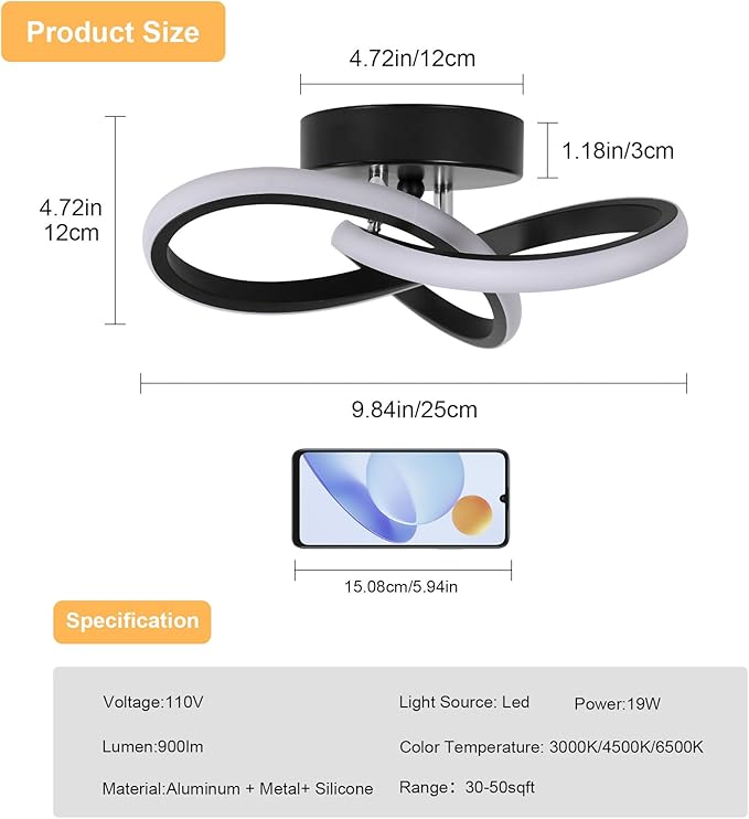 Modern LED Ceiling Light 19W Spiral Design 3000K/4500K/6500K 3 Color Modes - Image 4