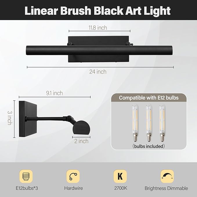 Art Picture Frame Wall Light: 24" Black Dimmable Vintage Artwork Brass Painting - Image 3