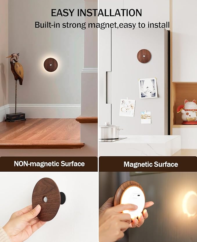 Motion Sensor Night Light Wood Rechargeable Battery-Powered Stick-On Step - Image 4