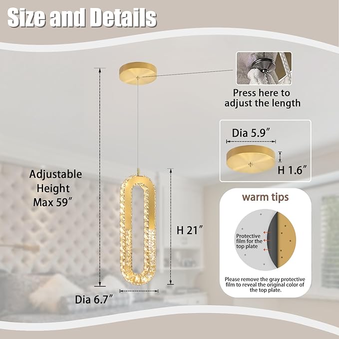 1-Ring Chandelier Gold Modern Pendant Lighting LED Dimmable Hanging Crystal - Image 5