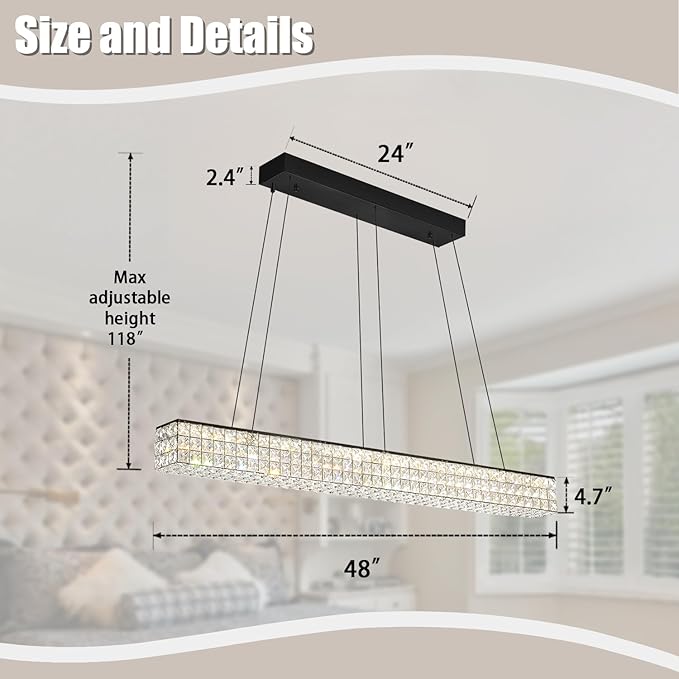 W48 Rectangle Chandeliers for Dining Room, Modern Crystal Pendant Lights - Image 5