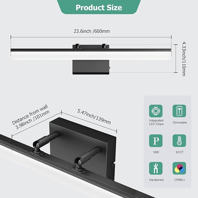 Black Vanity Light 24", 18W LED Bathroom Light Bar - Image 5