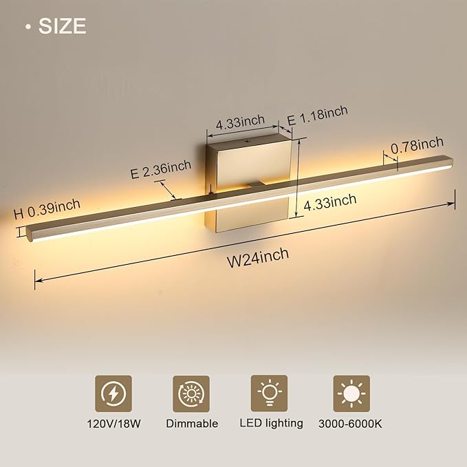 Modern Bathroom Vanity Light 24 Inch, 18W Brushed Nickel Bathroom Light Fixture - Image 3