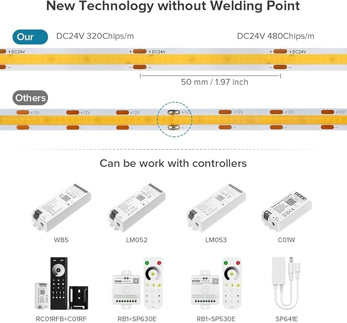 16.4FT IP65 Waterproof COB LED Strip 3000K 480LEDs/m Flexible High Density - Image 4