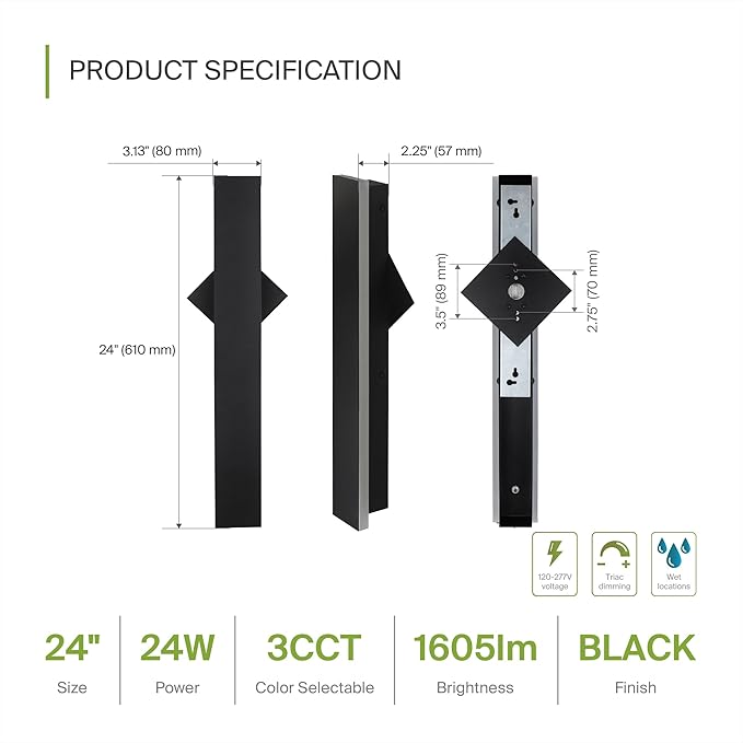 ASD LED 24" Long Wall Mount Light Fixture, Outdoor & Indoor Linear Sconce | 3CCT - Image 2