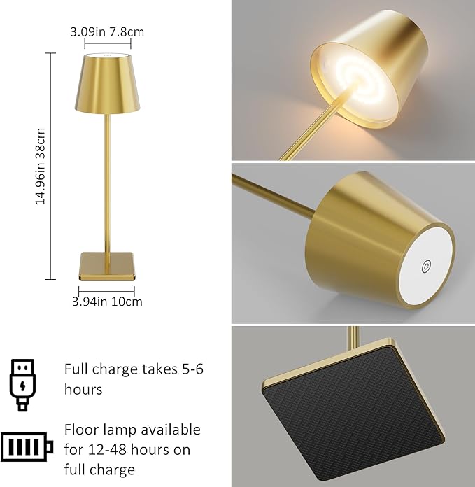 2 Pack Gold Cordless Table Lamp, 5500mAh Battery Powered Table Light Brass - Image 2
