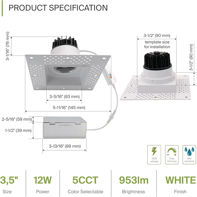 ASD Trimless 3 Inch LED Recessed Lighting, 12W 120V Commercial Square Downlight - Image 2