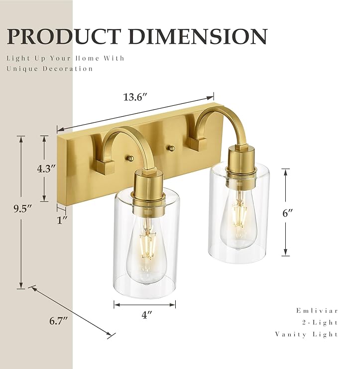 Emliviar 2-Light Brushed Gold Vanity Light, Modern Farmhouse Bathroom Light - Image 5