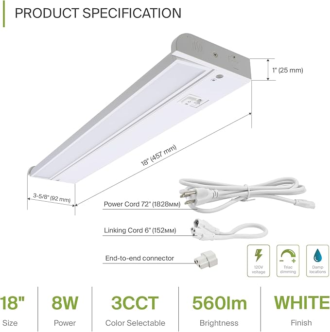 ASD Swivel LED Under Cabinet Lighting, 18 Inch 8W, Hardwired or Plug-in - Image 2