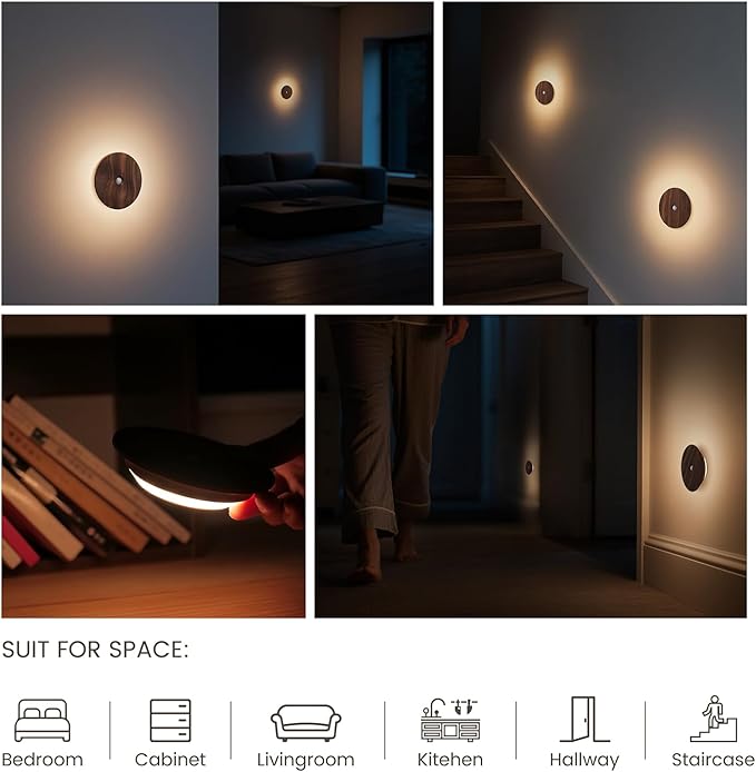 Motion Sensor Night Light Wood Rechargeable Battery-Powered Stick-On Step - Image 4