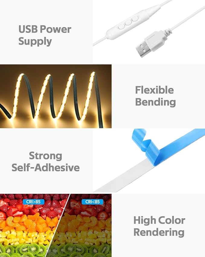5V COB LED Strip Light for Bedroom 16.4FT USB LED Light Strip Warm White 3000K - Image 2