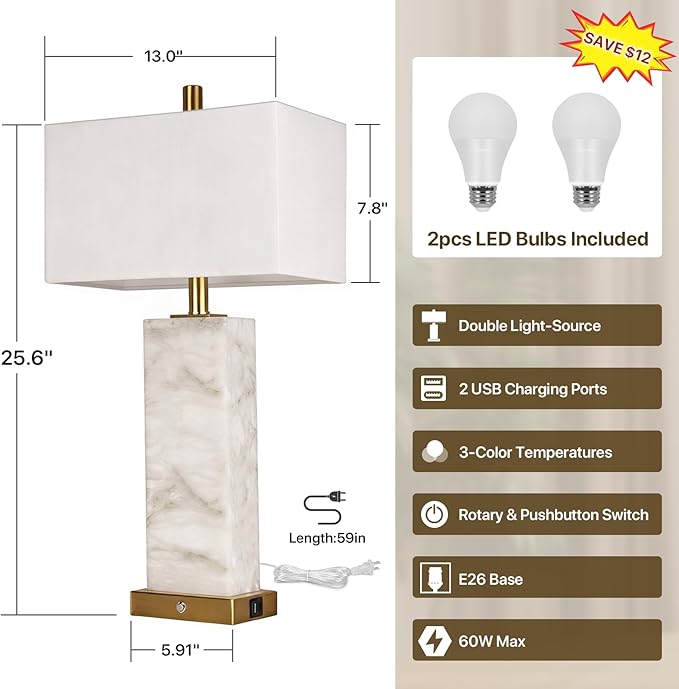 25.6" Alabaster Lamp, Marble Lamp Nightstand Lamps Set of 2, Modern Table Lamp - Image 2