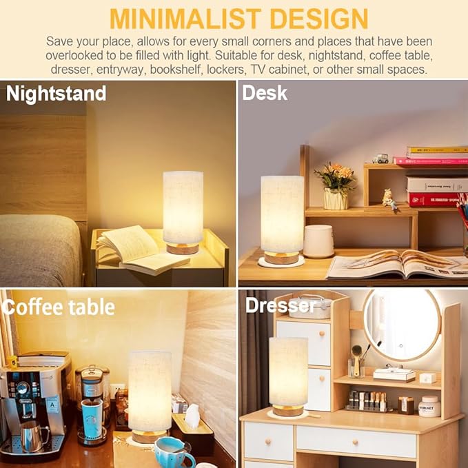 Small Bedside Table Lamp for Bedroom, Minimalist Wood Base & Round Fabric Shade - Image 7