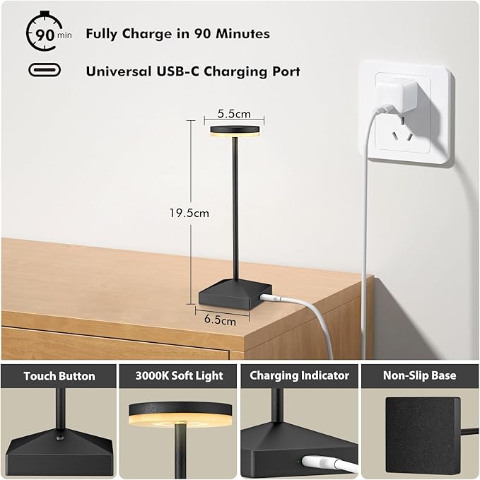 3 Pack 7.67in Black Small Cordless Table Lamps Rechargeable, Battery Operated - Image 4